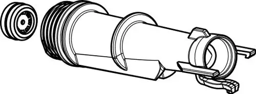 Abgebildet ist ein Montageelement, das Teil der Hansgrohe Wasserführung sein könnte. Es zeigt eine zylindrische Bauform mit Schraubgewinde und seitlichen Halterungen.
